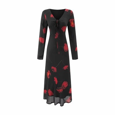 Retro black floral high-end bias-cut long-sleeved V-neck waist dress