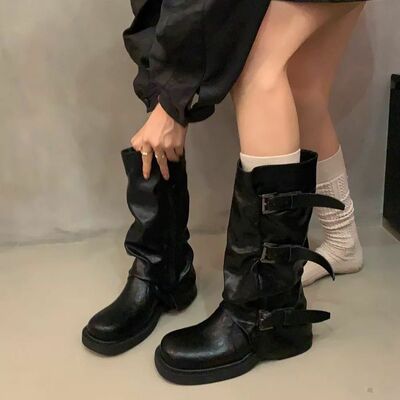 Retro thick-heeled mid-high boots western cowboy knight boots
