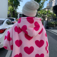 Cute Oversized Harajuku Heart-Shaped Print Plush Jacket Women - Thumbnail 1
