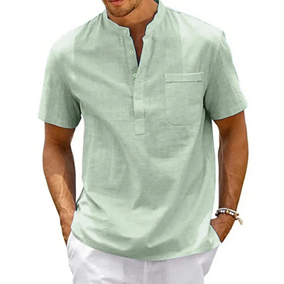 Men’s cotton linen henley shirt – casual short sleeve beach top with pocket