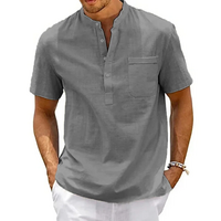 Men’s Cotton Linen Henley Shirt – Casual Short Sleeve Beach Top with Pocket - Thumbnail 3