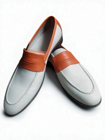 Crafted Leather Classic White Tan Leather Moccasin Loafers Dress Shoes