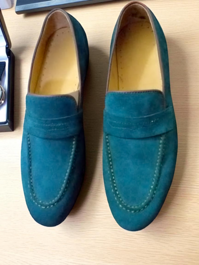 Crafted Leather Classic Blue Suede Leather Moccasin Loafers Dress Shoes