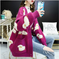 Cartoon Sheep Loose Cardigan Cozy Knit Sweater with Pockets - Thumbnail 4