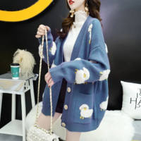 Cartoon Sheep Loose Cardigan Cozy Knit Sweater with Pockets - Thumbnail 2