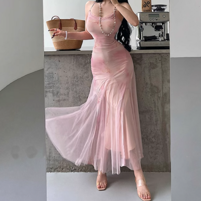 Mesh splicing suspender dress seaside holiday temperament hip long skirt - Thumbnail 2