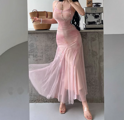 Mesh splicing suspender dress seaside holiday temperament hip long skirt