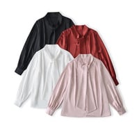 High-grade satin sweet shirt bow white loose versatile commuter top - Thumbnail 6