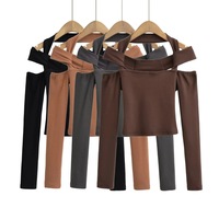Sexy one-shoulder bottoming shirt for women in autumn new solid color tight T-shirt - Thumbnail 6