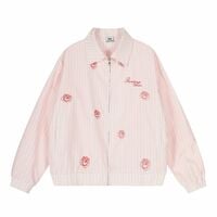 Striped rose embroidery lapel zipper jacket women's loose chic thin jacket - Thumbnail 3