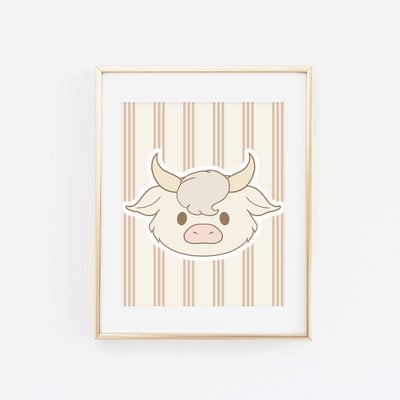 Highland cow on mocha stripes print