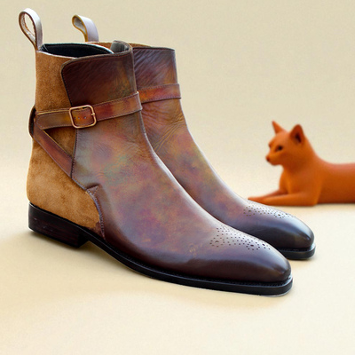 Crafted leather handmade denim brown suede patina leather jodhpur ankle high monk boots
