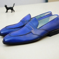 Crafted Leather Classic Blue Leather Moccasin Loafers Dress Shoes - Thumbnail 4