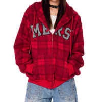American retro plaid hooded long-sleeved cardigan sweatshirt - Thumbnail 5
