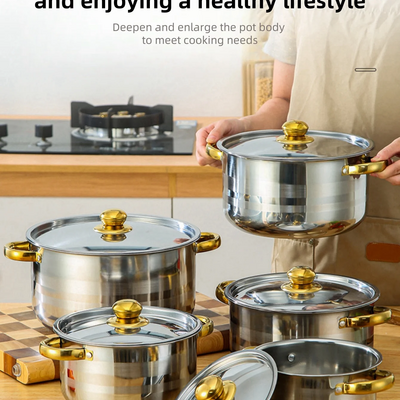 Stainless steel cooking pot, 5 pots+5 lids, stainless steel double handle with lid - Thumbnail 1