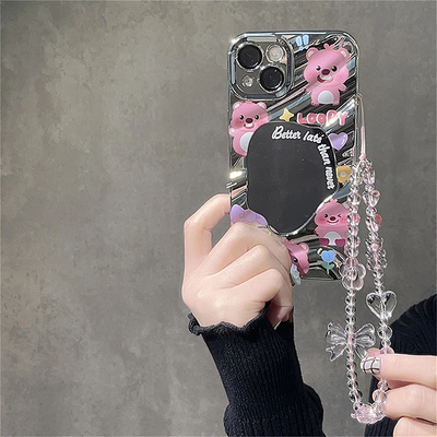 Korean pink bear butterfly flower phone strap charm chain knot cellphone