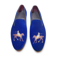 Crafted Leather Classic Men Blue Velvet Loafers Moccasin Dress Shoes - Thumbnail 3