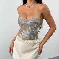 Jacquard contrast color sheer lace bra fishbone waist slimming top - Thumbnail 6