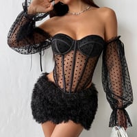 Tie-up see-through one-shoulder flared sleeve underwire fishbone top - Thumbnail 6