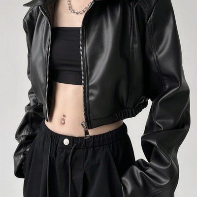Gothic punk black women’s black pu leather jacket - Thumbnail 1