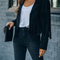 Trendy Casual Women’s Fringed Black Bomber Jacket - Thumbnail 1
