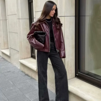 Wine Red Faux Leather Jacket - Thumbnail 1