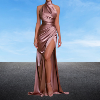 Stand collar long dress halter neck sleeveless slit dress