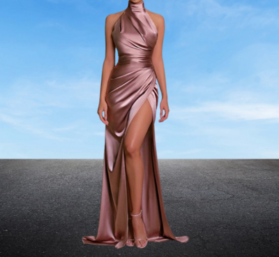 Stand collar long dress halter neck sleeveless slit dress