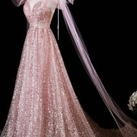 Pink Tulle Sequins Long Prom Dress, Pink A-Line Party Dress - Thumbnail 1