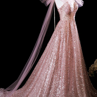 Pink Tulle Sequins Long Prom Dress, Pink A-Line Party Dress - Thumbnail 2