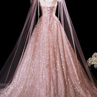 Pink Tulle Sequins Long Prom Dress, Pink A-Line Party Dress - Thumbnail 3