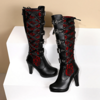 Lace up Rivets Belt Buckle High Heel Mid-Calf Boots for Women - Thumbnail 1