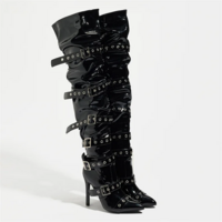 Punk Style Buckle Strap Over-the-Knee Black Boots for Women - Thumbnail 1