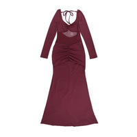 Solid color perspective stitching long sleeve slim sexy high waist dress - Thumbnail 3