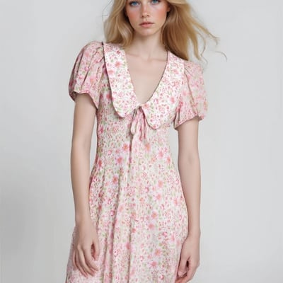 Fashionable small round lapel printed short dress - Thumbnail 1