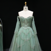 Elegant Off Shoulder Sage Green Evening Dress with Cape Sleeves  - Thumbnail 1
