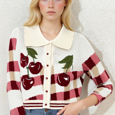 Vintage embroidered cherry polo collar button cardigan cropped sweater knitwear