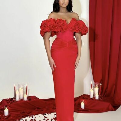 Red sheath off the shoulder prom dress evening formal gown brithday party dress