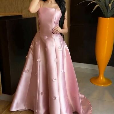 Pink a line 3d handmamde flower satin prom dress evening formal gown brithday party dress - Thumbnail 2