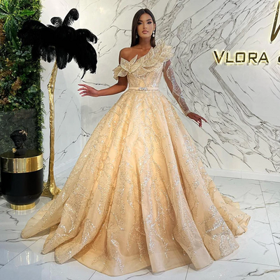  Luxury Dubai Ball Gown Gold Evening Dress for Women