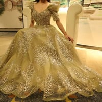 Glitter Lime Green Luxury Dubai Evening Dress for Women - Thumbnail 1