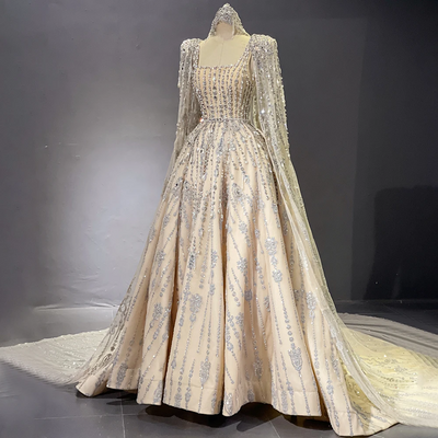 Crystal nude evening arabic dresses with cape for wedding party long 