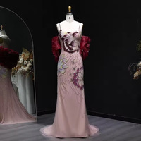 Luxury Pink Floral Beaded Evening Dress with Burgundy Shawl  - Thumbnail 2