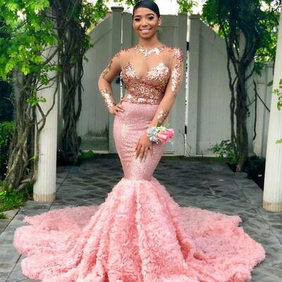 Pink graduation dresses: long sleeve mermaid prom gown for black girls, formal evening party dress, plus size available