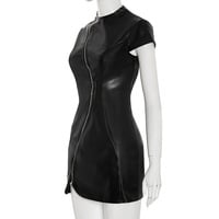 Solid color casual zipper short sleeve open back PU leather short dress - Thumbnail 4