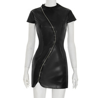 Solid color casual zipper short sleeve open back PU leather short dress - Thumbnail 6