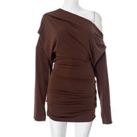 Sexy mature solid color long-sleeved off-shoulder loose short dress - Thumbnail 6