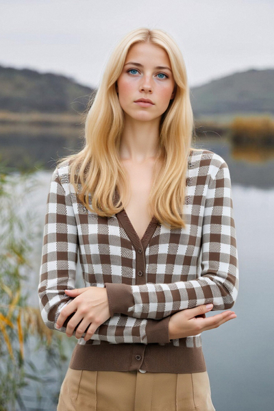 Retro style casual V-neck single-breasted checkerboard cardigan sweater