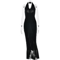 Solid color V-neck irregular hem halter neck pleated dress - Thumbnail 3