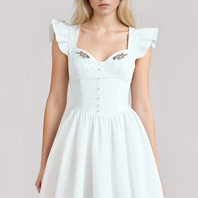 Sweet flying sleeves herringbone embroidered square neck mini dress